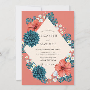 Invitación Boda de salmón tropical hibisco eucalipto