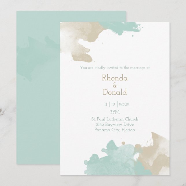 Invitación Boda de salpicaduras de color de agua moderna (Anverso / Reverso)