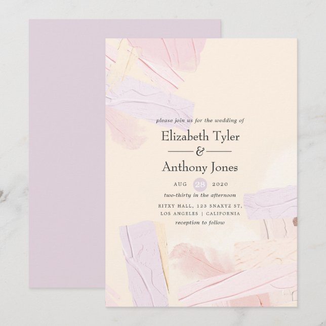 Invitación Boda de salpicaduras de pintura rosa y lavanda Pas (Anverso / Reverso)
