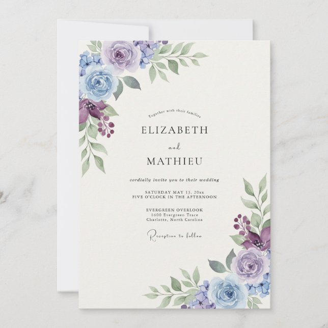 Invitación Boda de salvia con follaje de violeta y vincapervi (Anverso)