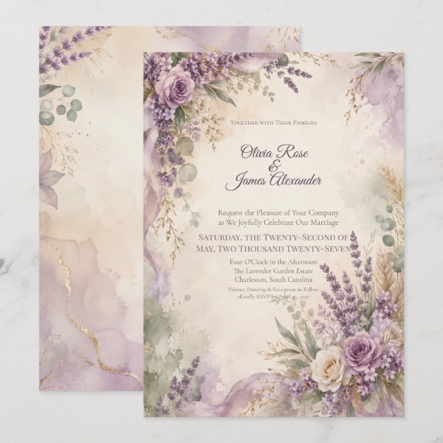 Invitación Boda de Salvia Lavanda | Rústico Boho Chic (Anverso / Reverso)