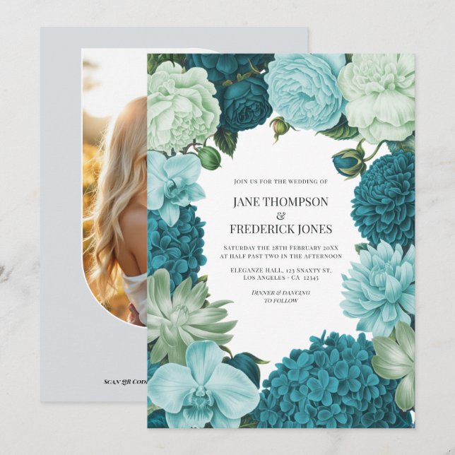 Invitación Boda de Salvia Menta, Verde Océano y Campanilla de (Anverso / Reverso)