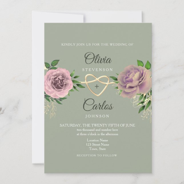 Invitación Boda de salvia verde con flores rosadas (Anverso)
