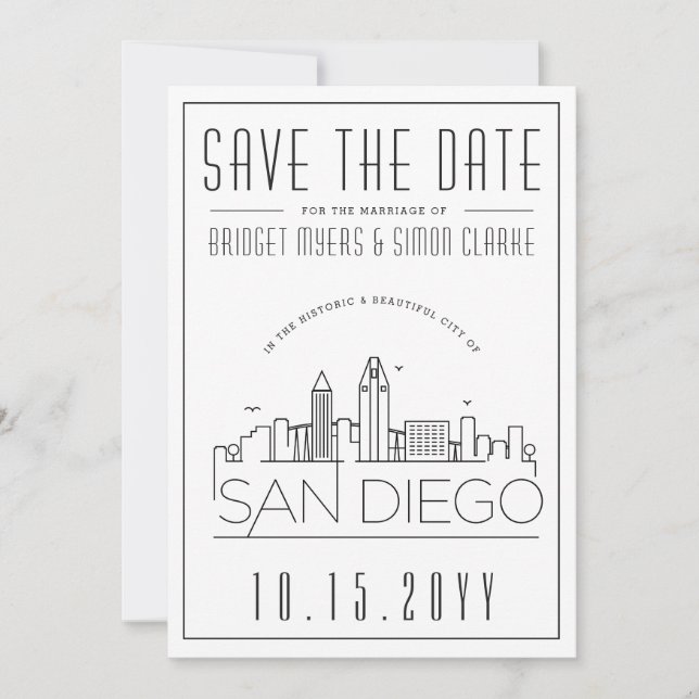 Invitación Boda de San Diego | Estilizado Skyline Guardar la  (Anverso)