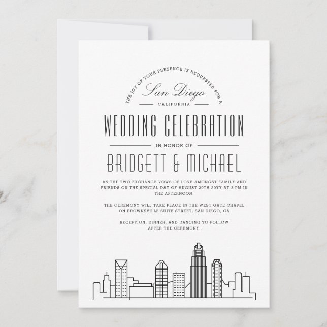 Invitación Boda de San Diego | Modern Deco City Skyline (Anverso)