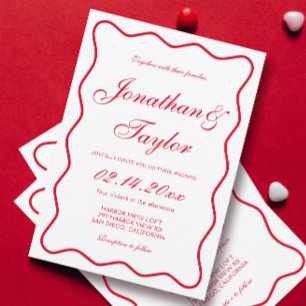 Invitación Boda de San Valentín rojo y blanco con guión ondul