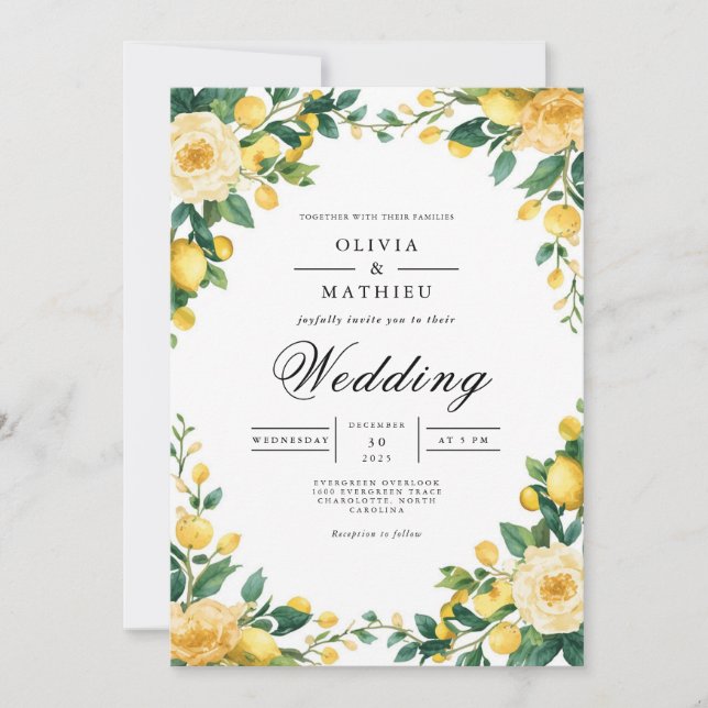 Invitación Boda de sangre botánica amarillo soleado (Anverso)