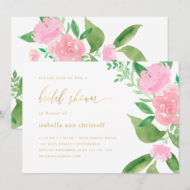 Invitación Boda de sangre rosa y caligrafía ducha de novia (Anverso / Reverso)