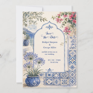Invitación Boda de Santorini floral Baldosa Azul Acuarela