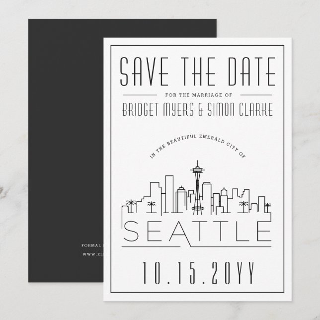 Invitación Boda de Seattle | Estilizado Skyline Guardar la fe (Anverso / Reverso)