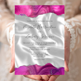 Invitación Boda de seda blanca con ágata plateada magenta