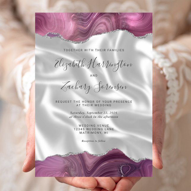 Invitación Boda de seda blanca Mauve Silver Agate (Subido por el creador)