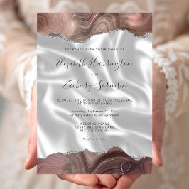 Invitación Boda de seda blanca plata taupe ágata