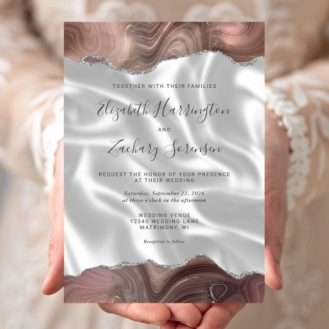 Invitación Boda de seda blanca Taupe Silver Agate (Subido por el creador)