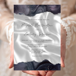 Invitación Boda de seda blanca y ágata gris plateada oscura y