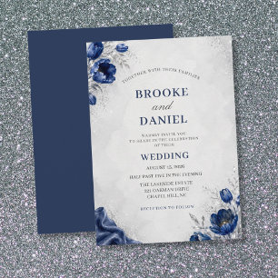 Invitación Boda de seda con brillo de tulipán de agua naval