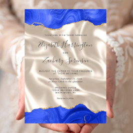 Invitación Boda de seda marfil ágata azul real dorada