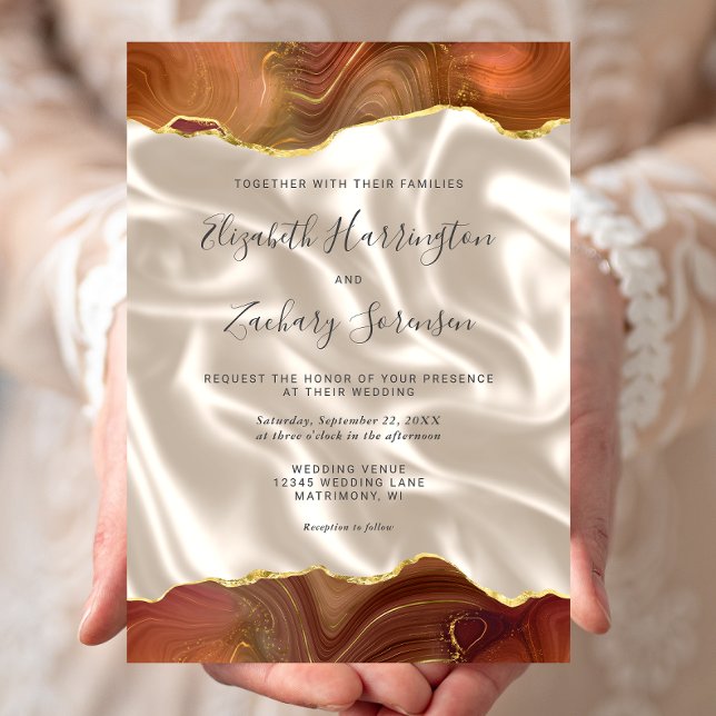 Invitación Boda de Seda Marfil Ágata Dorada Naranja Quemada (Subido por el creador)