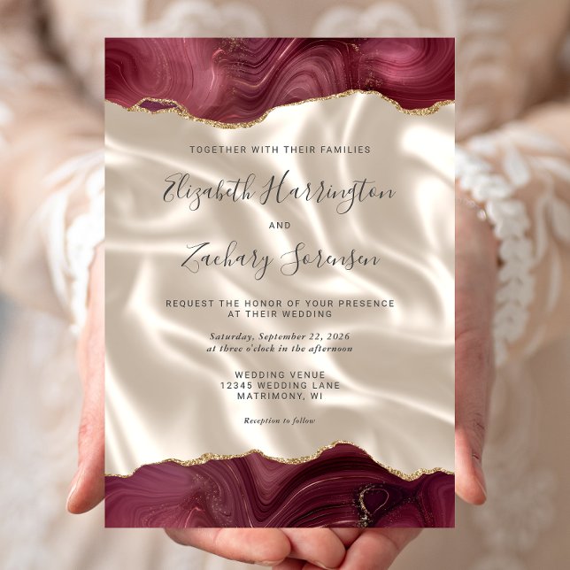 Invitación Boda de seda marfil con ágata dorada de Borgoña (Subido por el creador)
