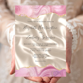 Invitación Boda de seda marfil con ágata dorada rosa pastel