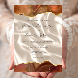 Invitación Boda de seda marfil con ágata dorada y naranja que