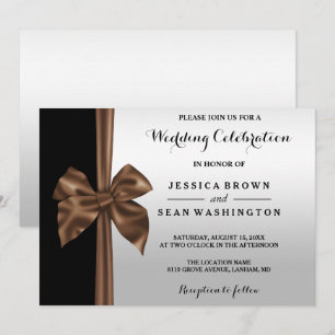 Invitación Boda de seda romántica con lazo de plata y negro