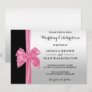 Invitación Boda de seda romántica con lazo plateado y negro