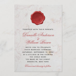 Invitación Boda de Sello de Cera Rojo con Monograma en Mármol