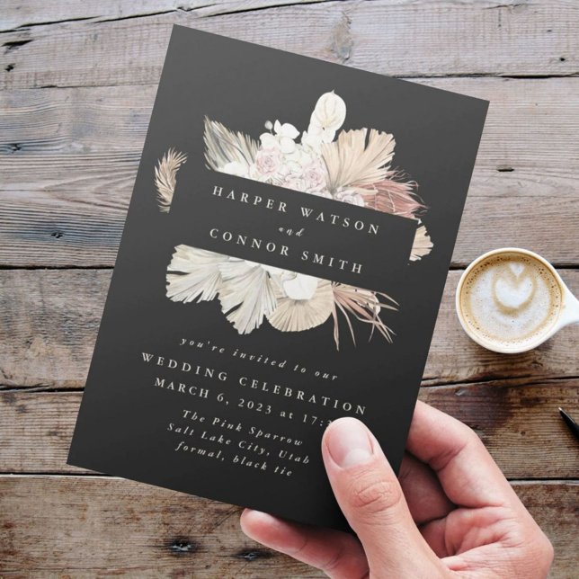 Invitación Boda de selva floral de pampas de guirnalda negra (Subido por el creador)