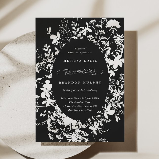 Invitación Boda de silueta de flor silvestre blanca negro (Subido por el creador)