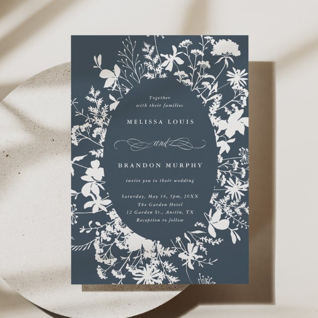 Invitación Boda de silueta de flores silvestres blancas azul (Subido por el creador)