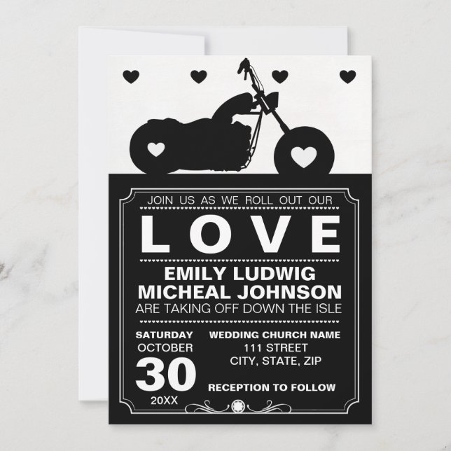 Invitación Boda de silueta de motociclismo negro y blanco (Anverso)