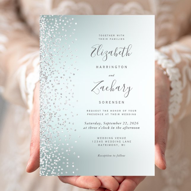 Invitación Boda de Silver Diamond Confetti Aqua Ombre (Subido por el creador)