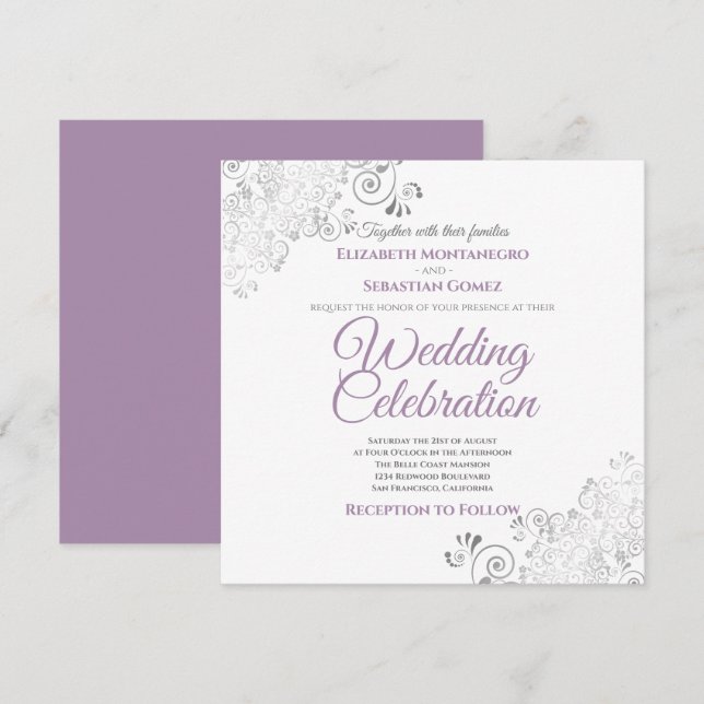 Invitación Boda de Silver Filigree Elegant Purple Square (Anverso / Reverso)