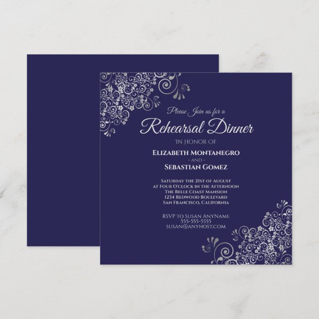 Invitación Boda de Silver y Navy Blue Square (Anverso / Reverso)