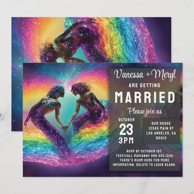 Invitación Boda de sirena de energía femenina con arco iris c (Anverso / Reverso)