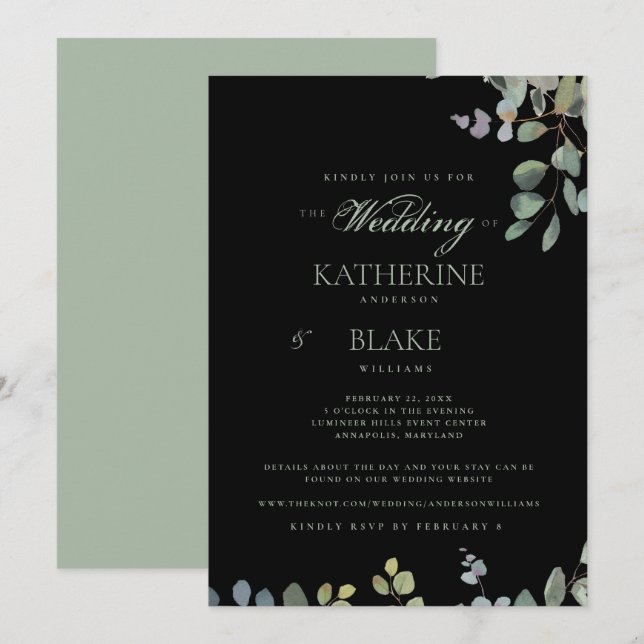 Invitación Boda de sitio web de eucalipto negro elegante grac (Anverso / Reverso)