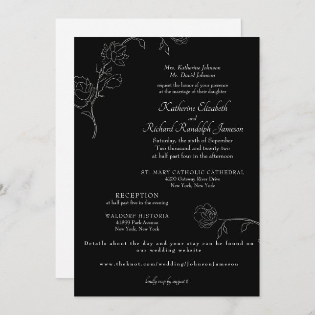 Invitación Boda de sitio web formal de esquema de jazmín negr (Anverso / Reverso)