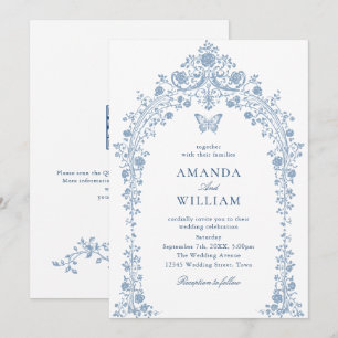Invitación Boda de Sketch Blue Floral Dusty Victoriano Vintag