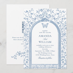 Invitación Boda de Sketch Blue Floral Dusty Victoriano Vintag