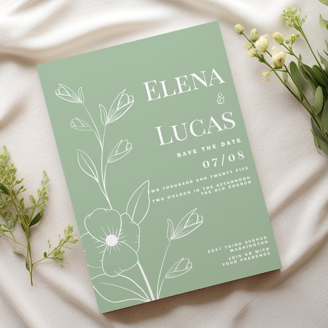 Invitación Boda de sketch de flores de menta con polvo blanco (Simple white dusty mint flowers sketch wedding)