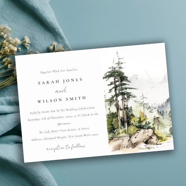 Invitación Boda de Sketch de paisajes de montaña Soft Woods (Subido por el creador)