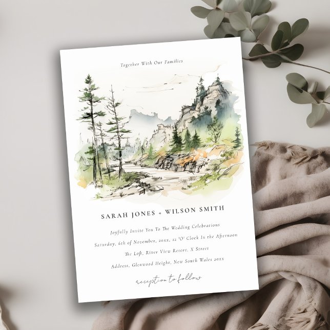 Invitación Boda de Sketch de paisajes de montaña Soft Woods (Subido por el creador)