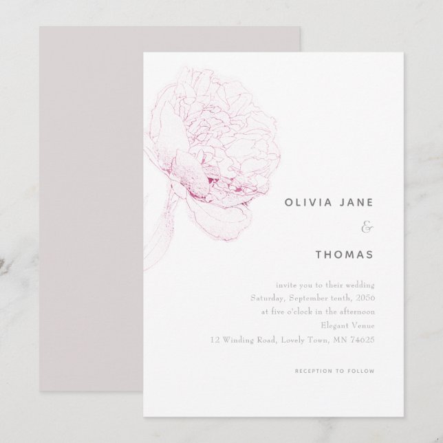 Invitación Boda de sketch floral elegante de Peonies rosas (Anverso / Reverso)