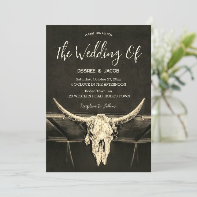 Invitación Boda de Skull de Sepia Bull en el oeste del país (Anverso de pie)