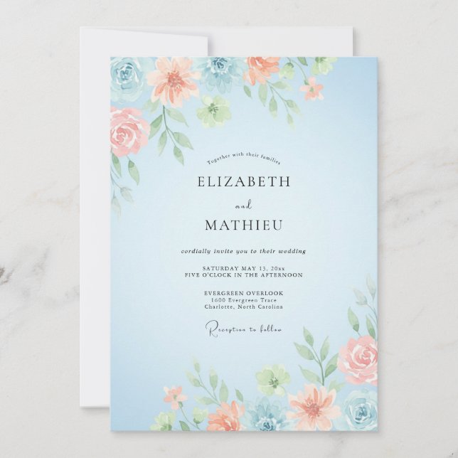 Invitación Boda de Sky Coral Ranunculus Dusty Eucalyptus (Anverso)