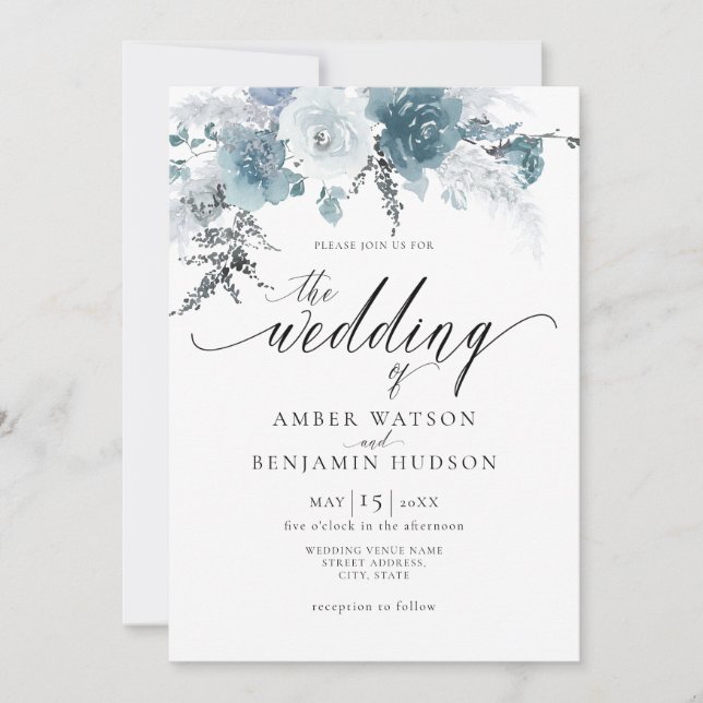 Invitación Boda de Slate Blue Dusty Pastel Floral Boho Pampas (Anverso)