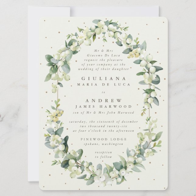 Invitación Boda de Snowberry Crema Formal Grande + Eucalipto (Anverso)