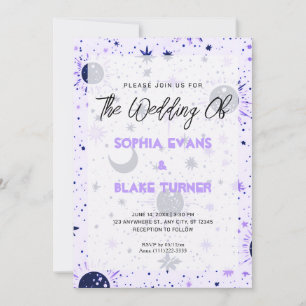 Invitación Boda de Sol Luna Estrellas Celestiales Negro y Púr
