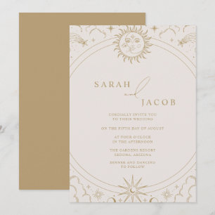 Invitación Boda de Sol Luna Estrellas Dorado Celestial